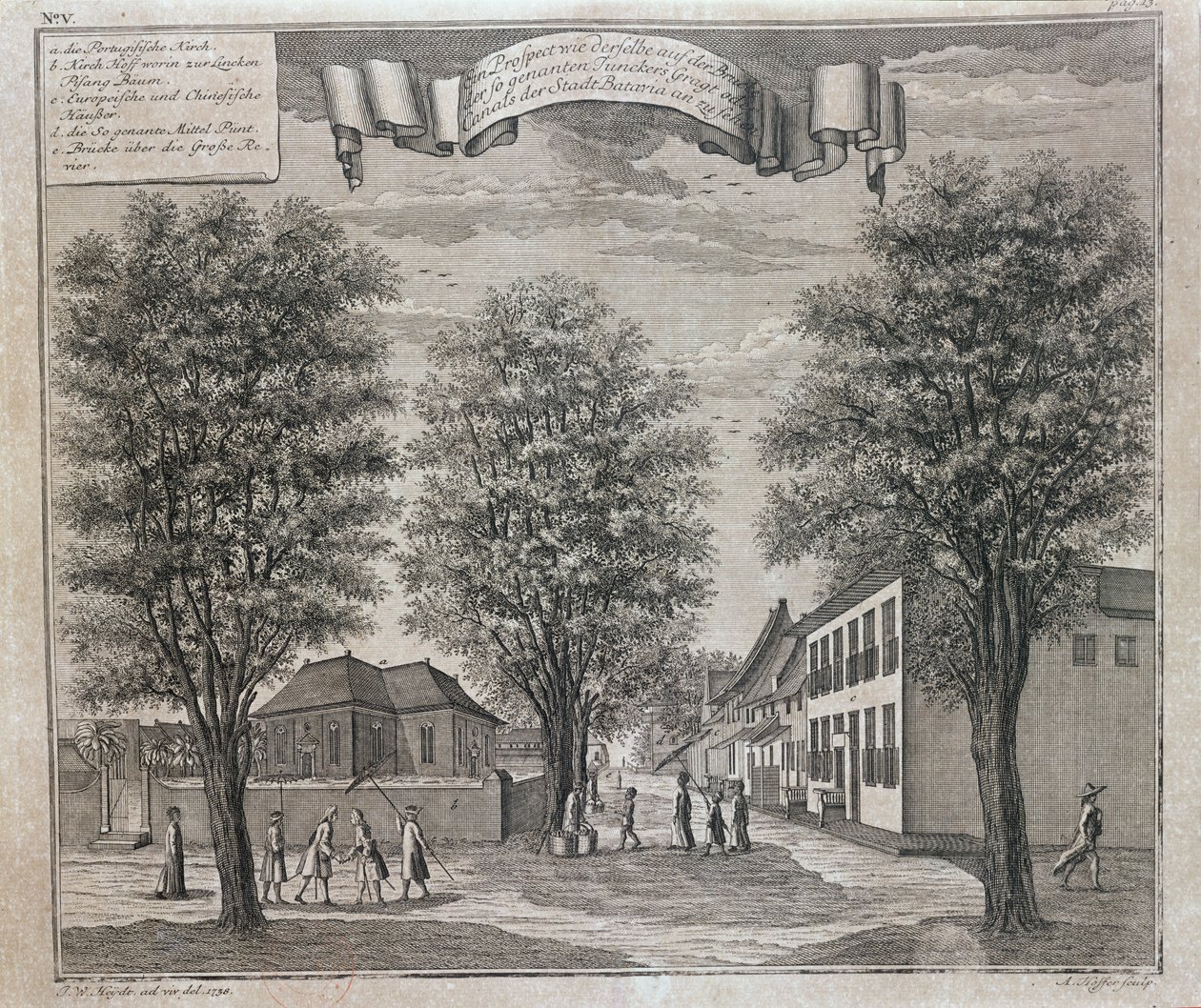A portugál templom, valamint kínai és európai házak egy bataviai utcában, a Batavia nézetsorozatából, a „Schau-platz von Africa und Ost-Indien” című sorozatból, amelyet Nürnbergben adtak ki 1744-ben. alkotó: Johann Wolfgang Heydt