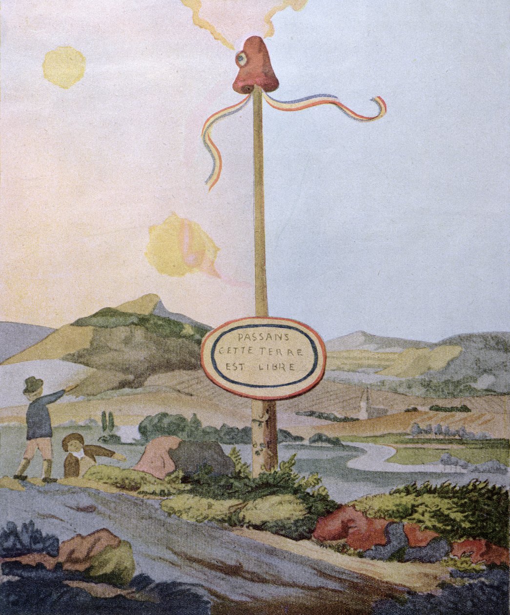 "Vándorok, ez a föld szabad", szabadságpózna a francia-luxemburgi határon a Moselle folyónál, egy 1792-ben készült eredeti akvarell reprodukciója, 1847 körül. alkotó: Johann Wolfgang von Goethe