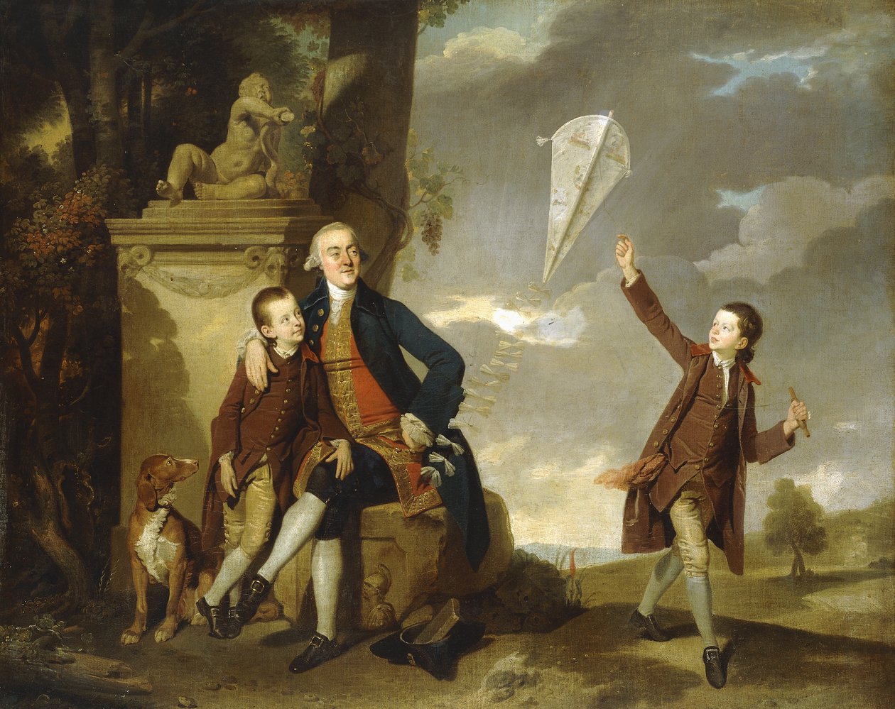 Csoportportré George Fitzgeraldról fiaival, George-al, akit sárkányrepülővel láttak, és Charles-ról. Johan Zoffany alkotó: Johan Joseph Zoffany