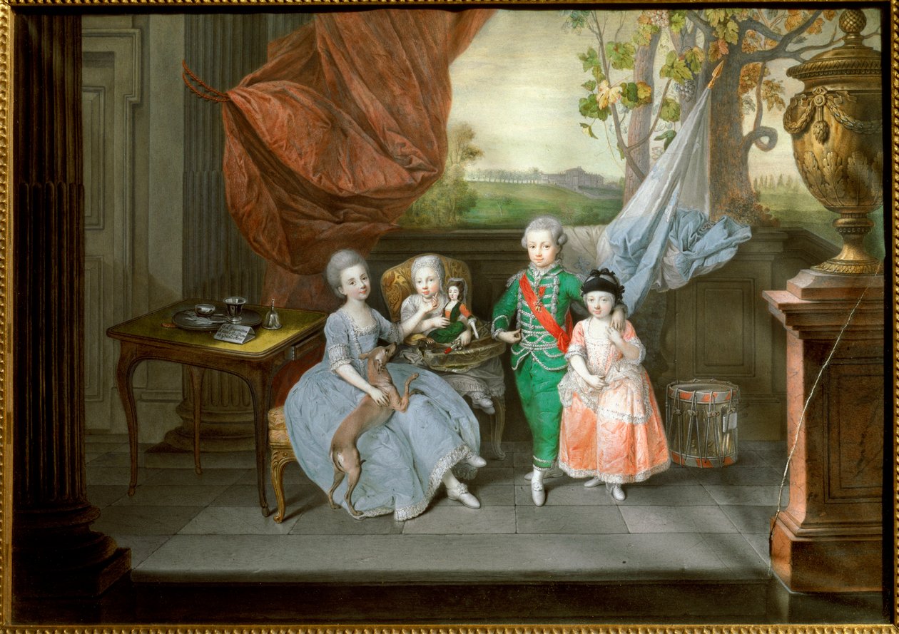Etruriai I. Lajos portréja nővéreivel, Caroline-nal, Marie Antoinette-tel és Charlotte-tal, 1780 körül (festmény) alkotó: Johann Zoffany