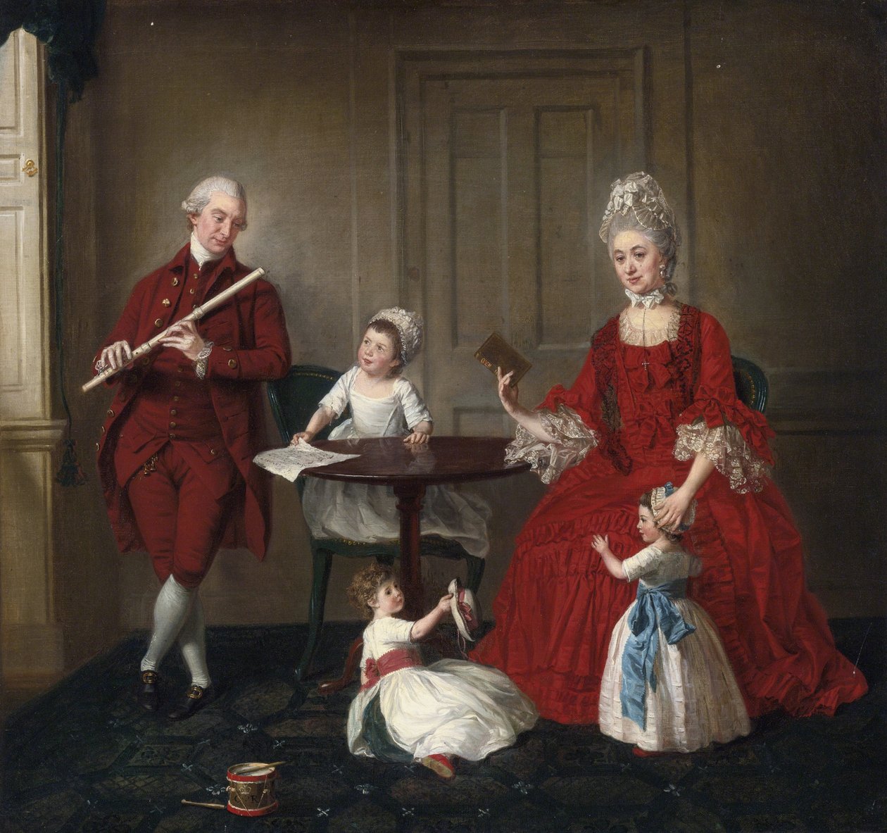 Rokokó: Mr. és Mrs. James Blew és három gyermekük portréja elegáns belső térben, Johann Zoffany (Zauffelij) (1733-1810). 1660-1670, Olaj, vászon, 75x80,3. Magángyűjtemény alkotó: Johann Zoffany