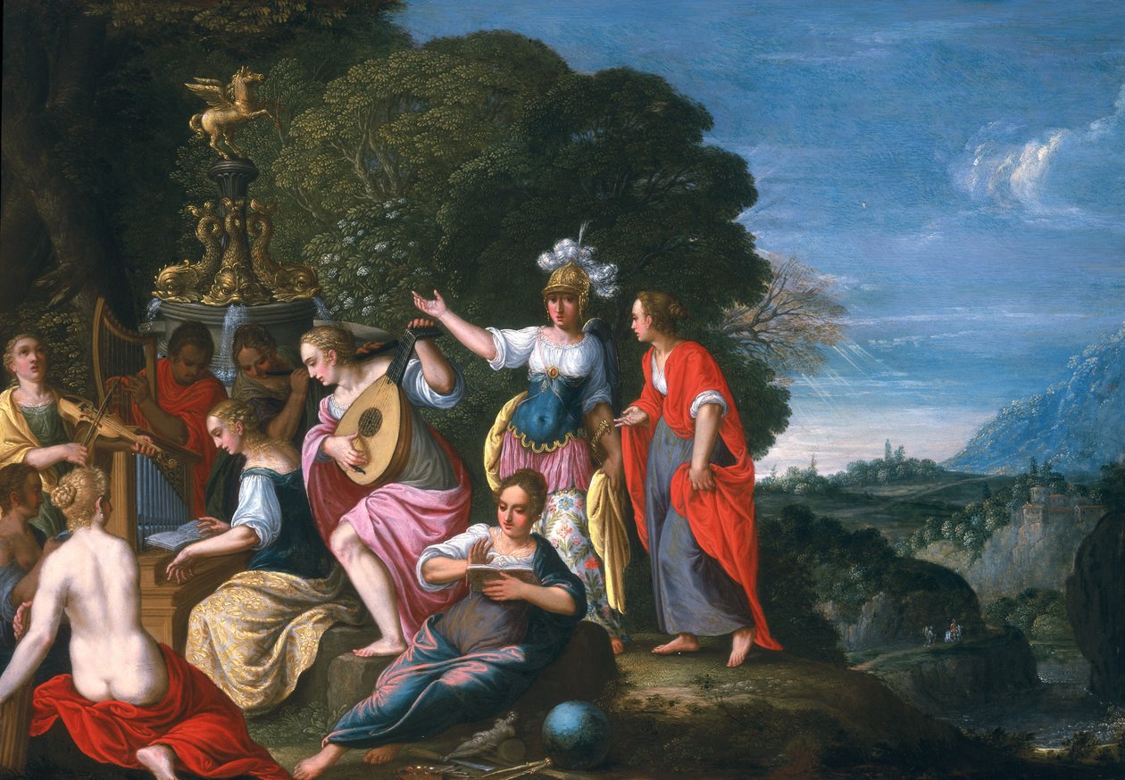 Athéné és a kilenc múzsa a Hipokrene-kútnál, 1624 (olaj, réz) alkotó: Johann or Hans Konig