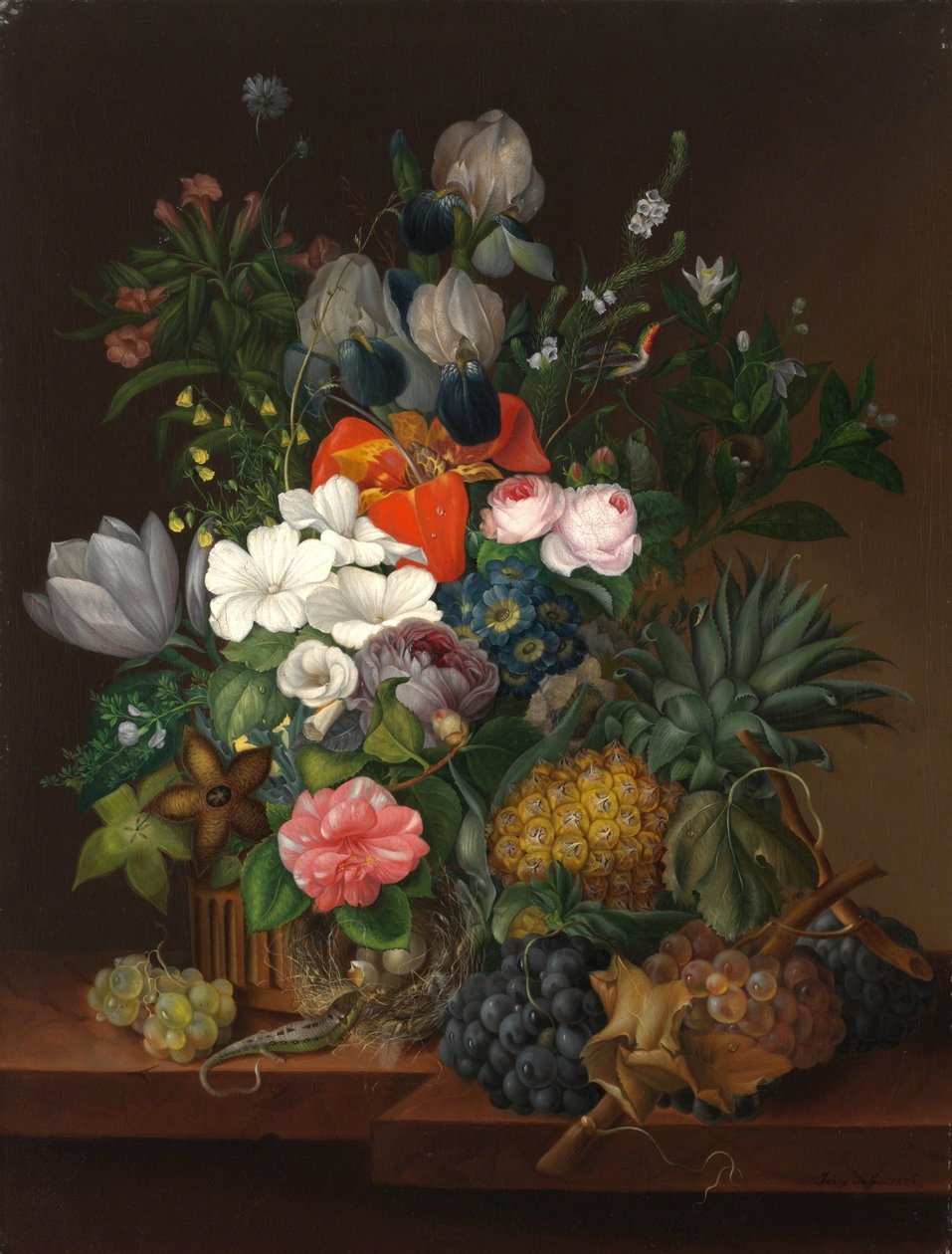 Csendélet gyíkkal és virágokkal – Johanna (Jenny) Salm-Reifferscheidt (szül. Comtesse Pachtova) (1780-1857). olajfestmény alkotó: Johanna Salm Reifferscheidt