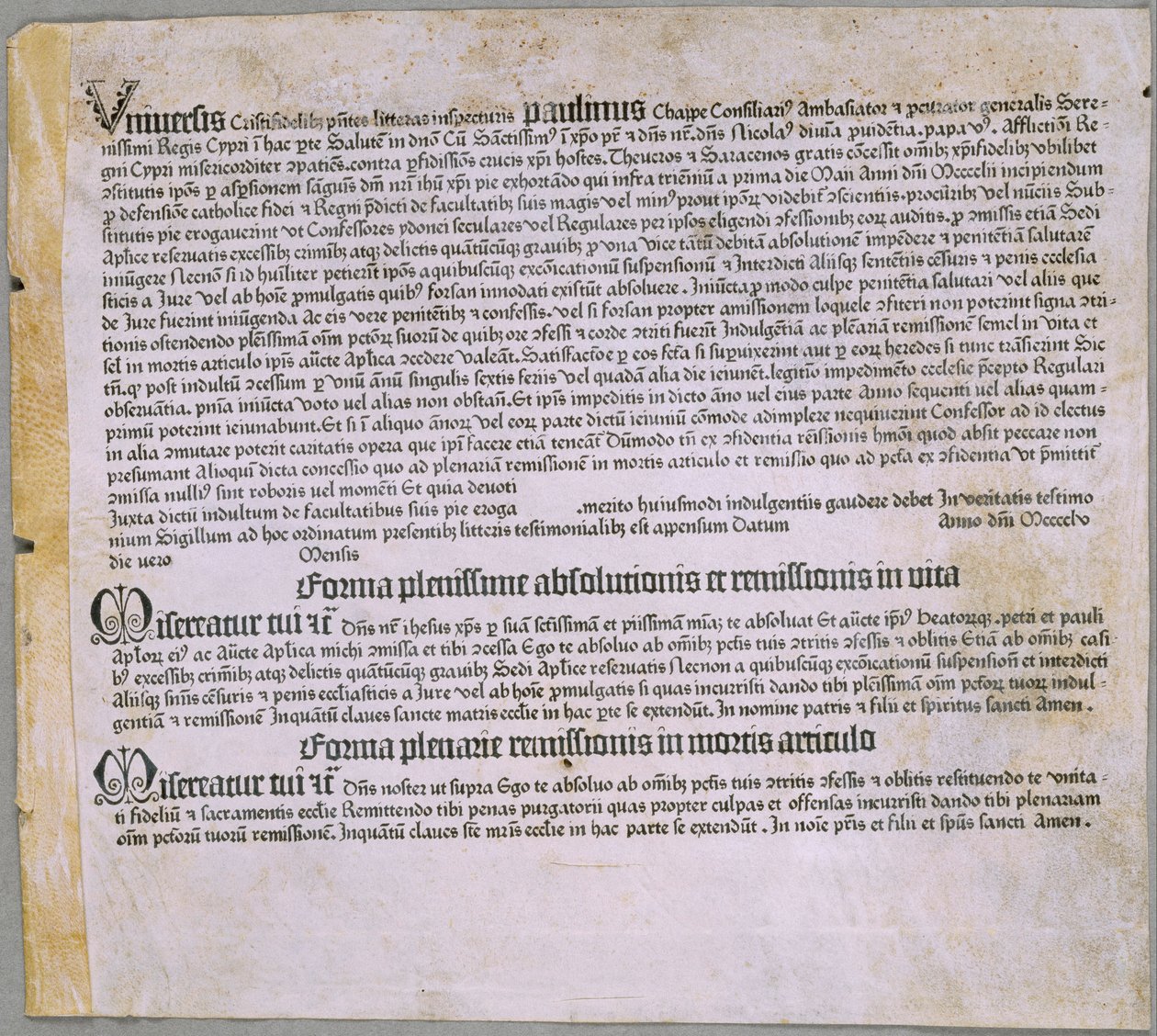 Kényeztető levél (a törökök elleni expedícióhoz és Ciprus védelméhez), (Mainz, Johannes Gutenberg, 1455) alkotó: Johannes Gutenberg