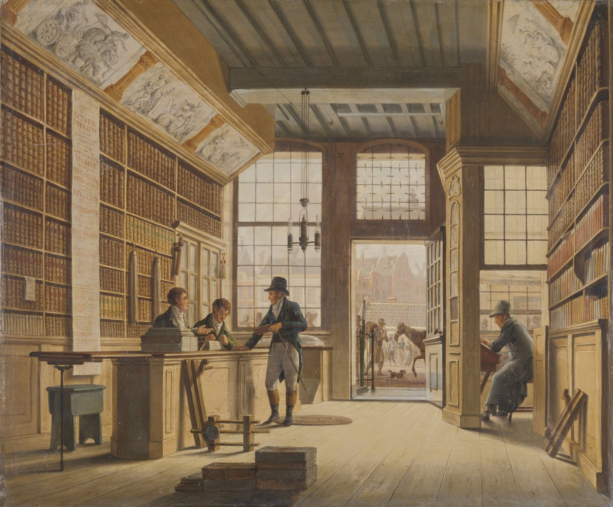 Pieter Meijer Warnars könyvkereskedő boltja a Vijgendamban Amszterdamban, 1820 alkotó: Johannes Jelgerhuis