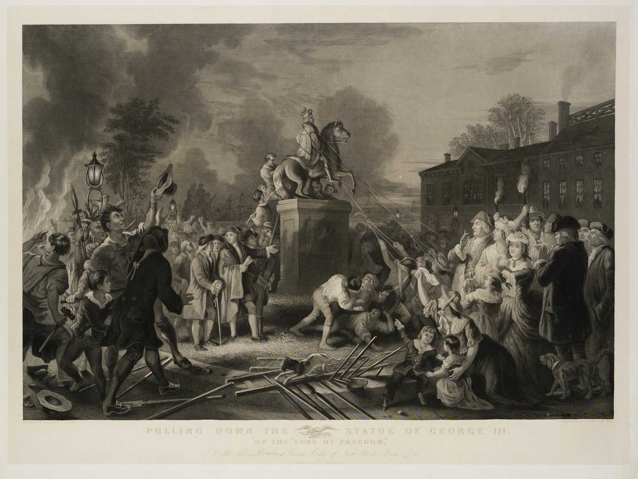 III. György szobrának lebontása, a Sons of Freedom, Bowling Greennél, New York városa, 1770. július, John C. McRae metszet, 1853 után alkotó: Johannes Adam Simon Oertel