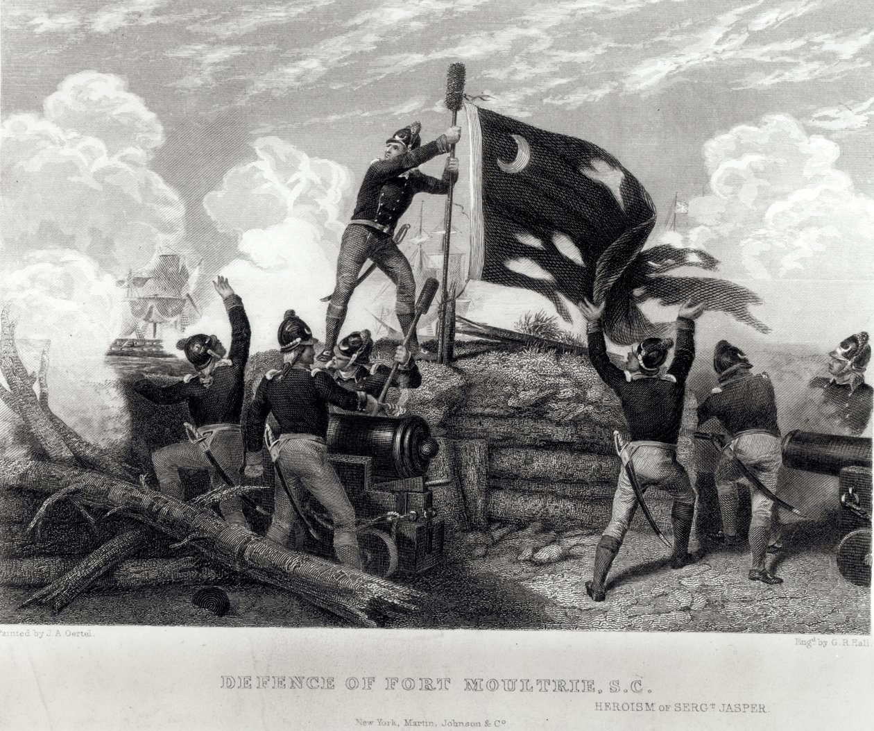 William Jasper őrmester hősiessége a dél-karolinai Fort Moultrie védelmében, 1780. május 12., metszet: G.R. előszoba alkotó: Johannes Adam Simon Oertel