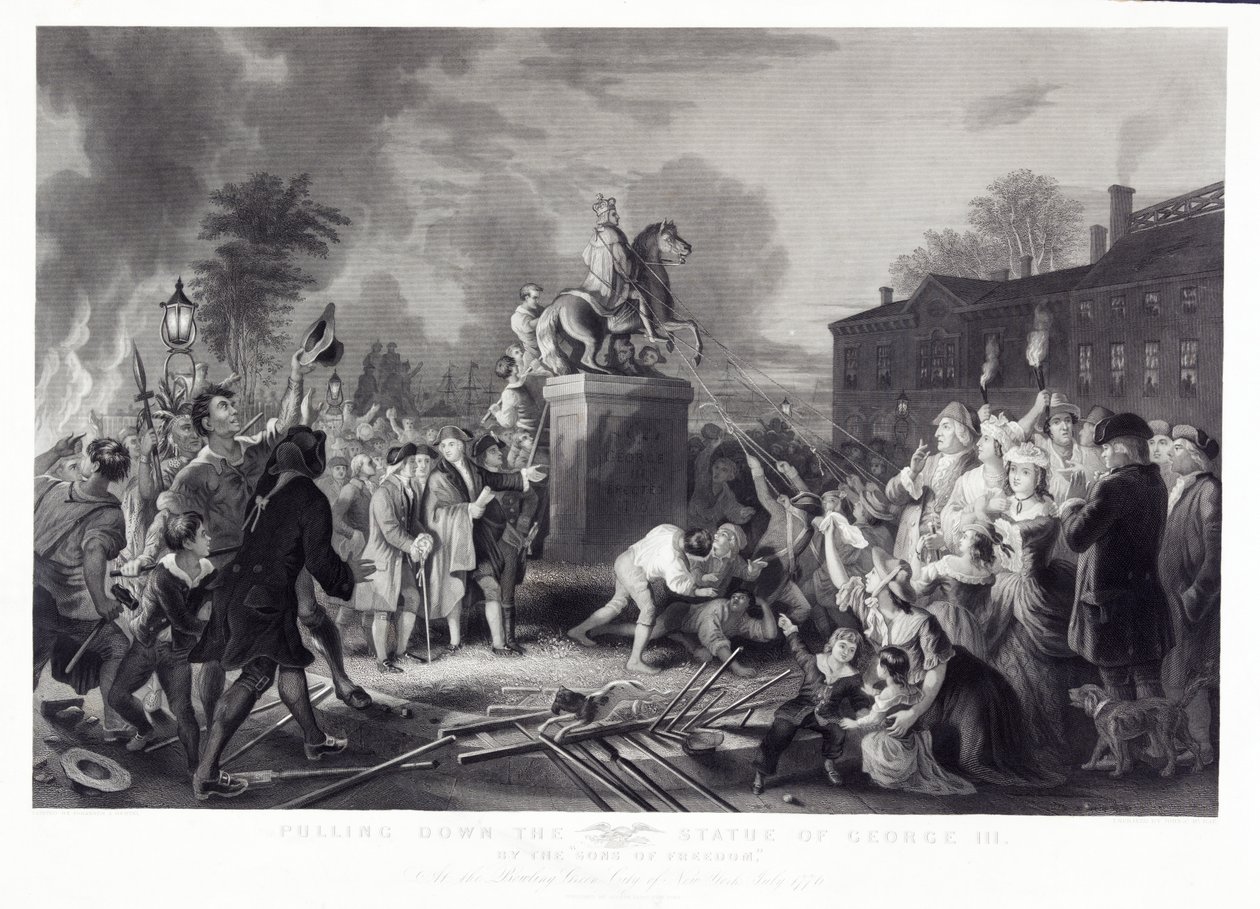 III. György szobrának lebontása a szabadság fiai által, a Bowling Greenben, New York városában, 1776. július, kocsma. 1875 alkotó: Johannes Adam Simon after Oertel