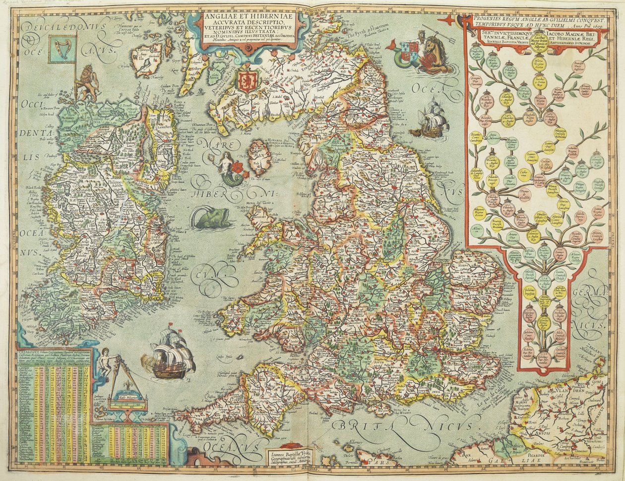 Anglia és Írország 1606-ban készült térképe (színes metszet) alkotó: Johannes Baptista Vrints