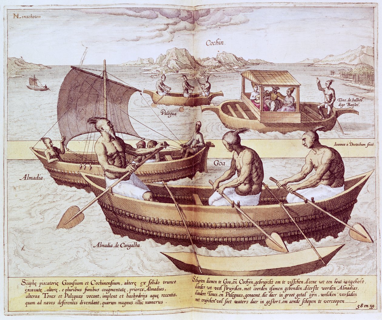 Boats in Goa, illusztráció a „Jan Hughen van Linschoten, His Course of Voyages into the East and West Indies” című könyvéből, 1579-92 alkotó: Johannes Baptista van Doetechum the Younger