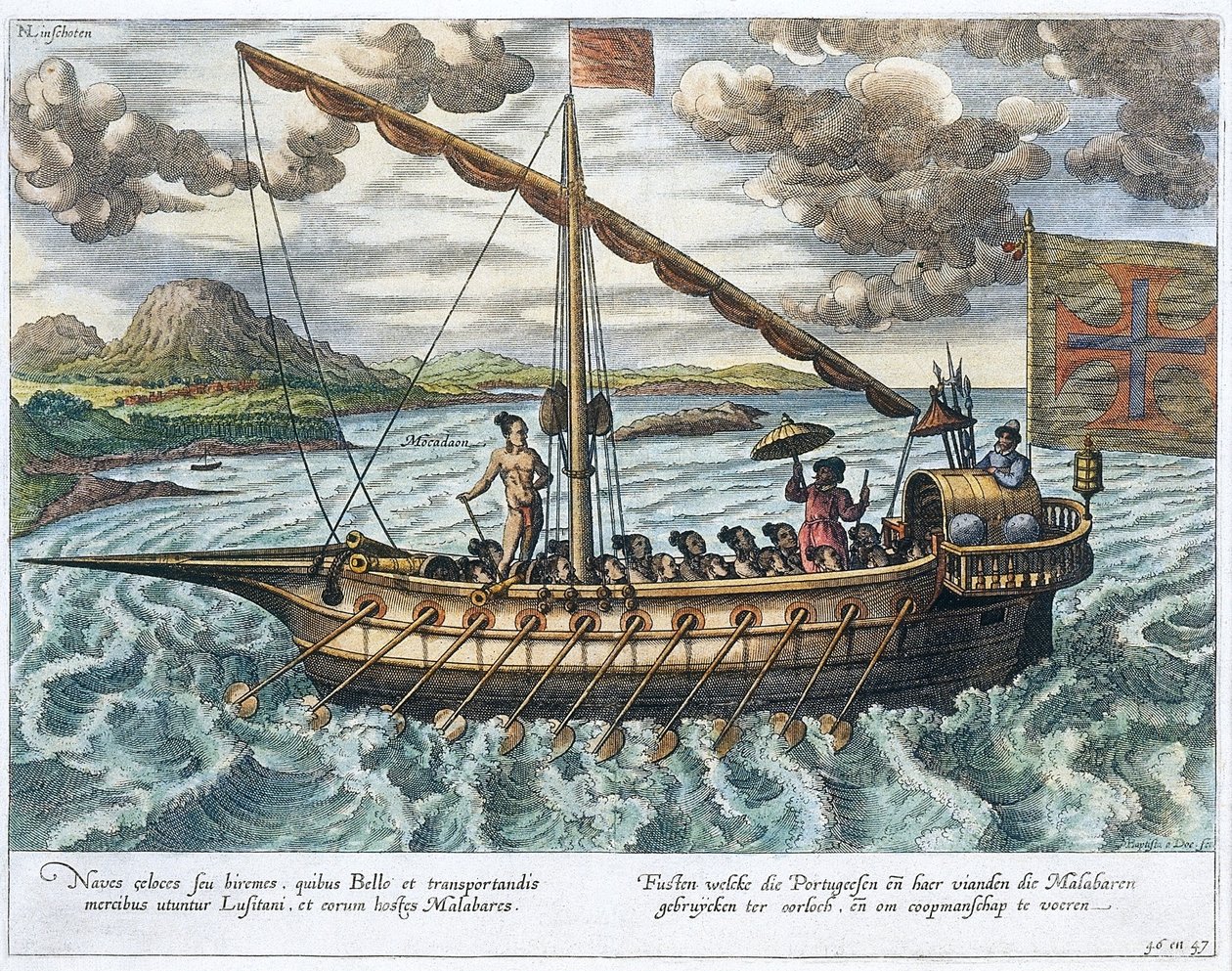 Fusta, illusztráció a „Jan Huyghen van Linschoten, Az Ő beszéde az utazásokról Kelet- és Nyugat-Indiába” című művéből, 1579-92 alkotó: Johannes Baptista van Doetechum the Younger