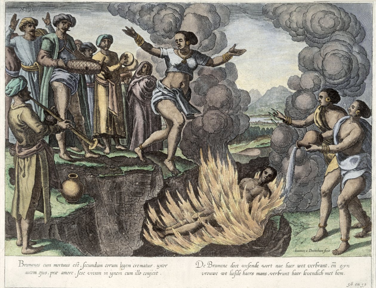 Sati, illusztráció a „Jan Huyghen van Linschoten, His Course of Voyages into the East and West Indies” című művéből, 1579-92 (színes metszet) alkotó: Johannes Baptista van Doetechum the Younger