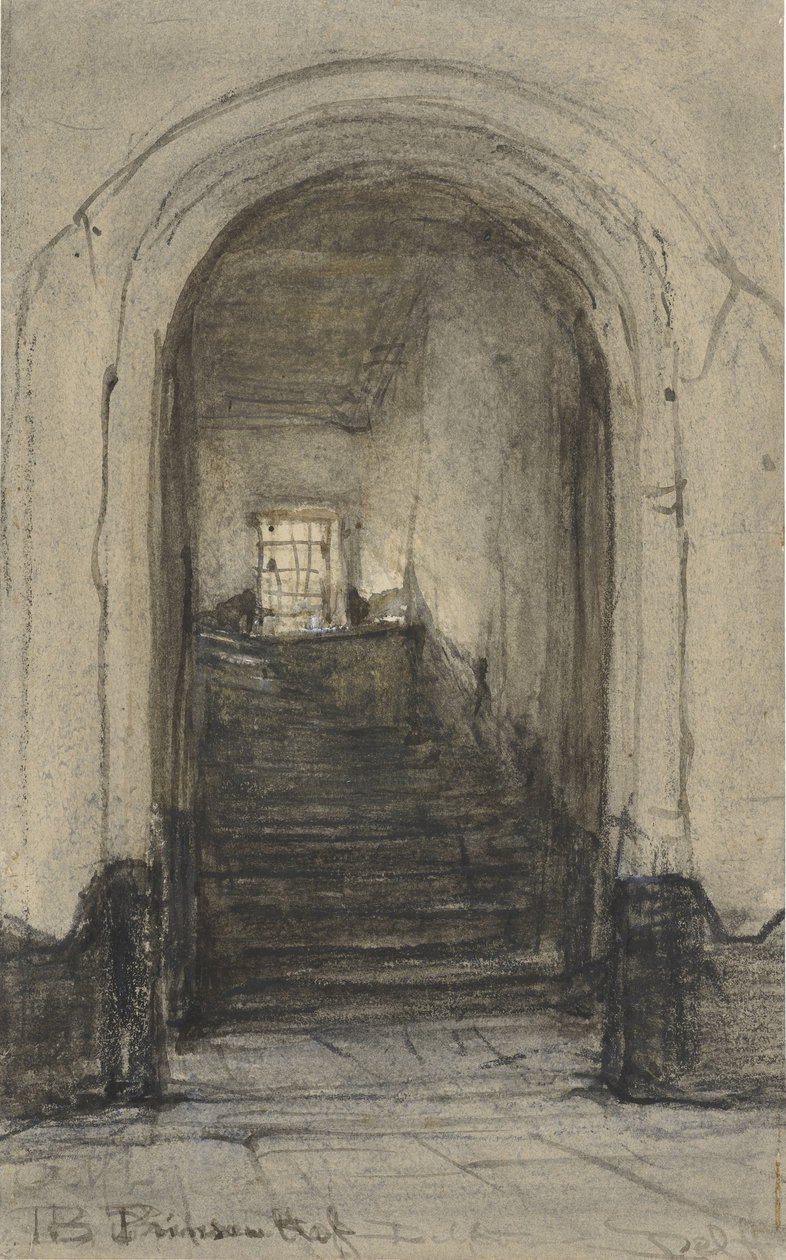 A delfti Prinsenhof lépcsője, ahol 1584-ben meggyilkolták I. Vilmos herceget alkotó: Johannes Bosboom