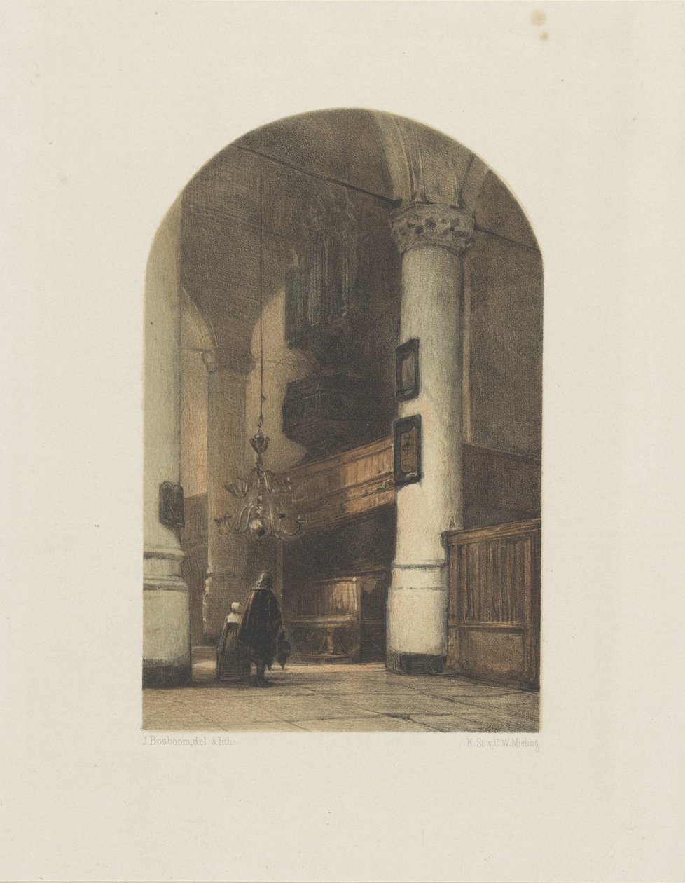 Templombelső két figurával és orgonával alkotó: Johannes Bosboom