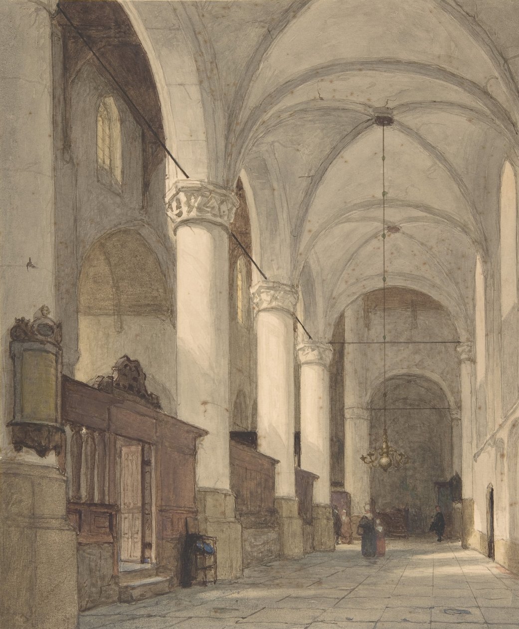 Egy templom boltíves oldalfolyosója, alakokkal, 19. század. alkotó: Johannes Bosboom
