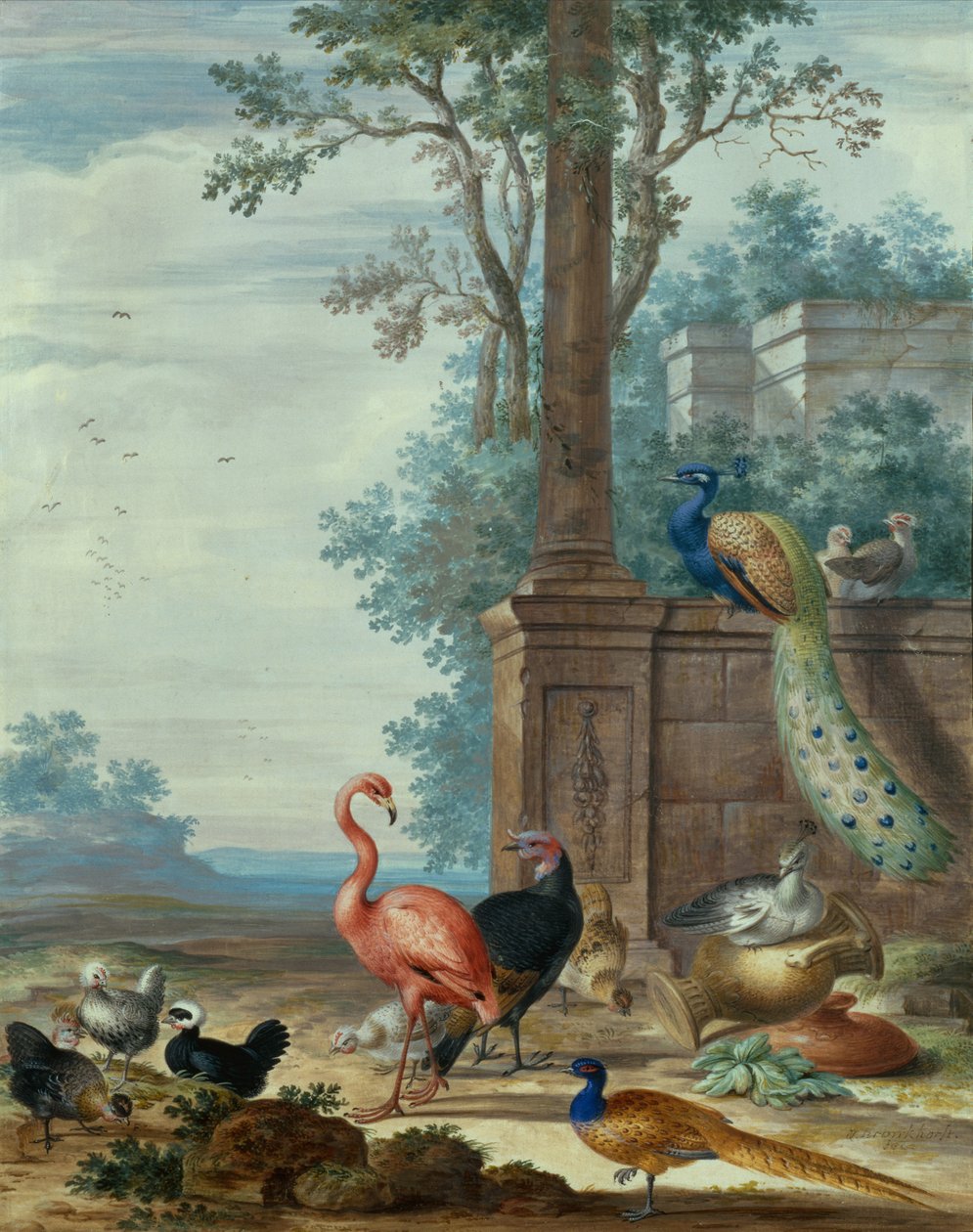Olasz táj pávával, fácánnal, flamingóval és más tyúkkal (guache) alkotó: Johannes Bronckhorst