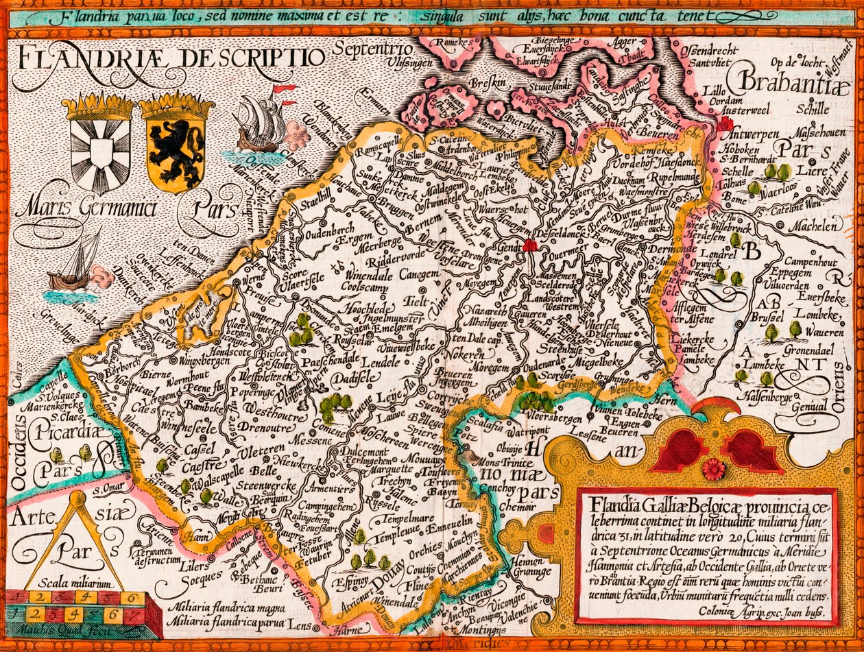 Flandria térképe, Matthias Quad térképész „Fasciculus Geographicus” című művéből, később kézi színezés (színes metszet) alkotó: Johannes Bussemacher