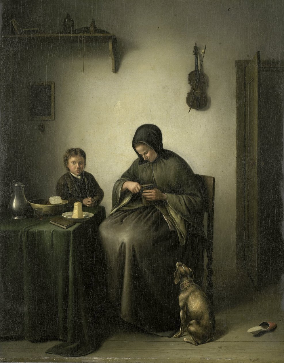 Kenyeret szeletelő nő alkotó: Johannes Christiaan Janson