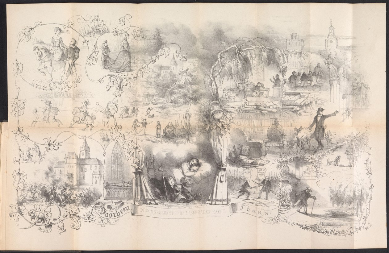 Rajzfilm Leideni diákalmanachban, 1856 Álmok az álarcos éjszakáról (cím a tárgyon) alkotó: Johannes Christiaan d