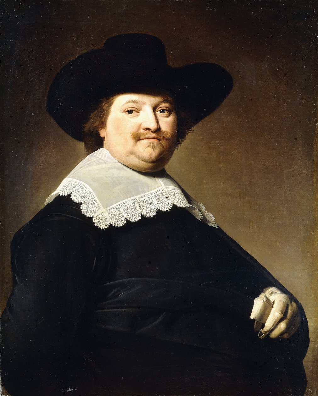 Egy úriember portréja, félalakos, fekete jelmezben, fehér csipkegallérral és fekete kalappal, alkotó: Johannes Cornelisz. Verspronck