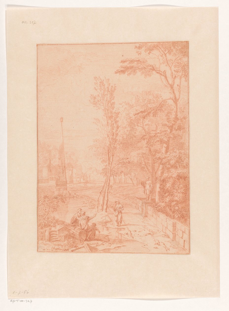 Arkadische Landschaft mit Figuren nahe einem Obelisken alkotó: Johannes Glauber