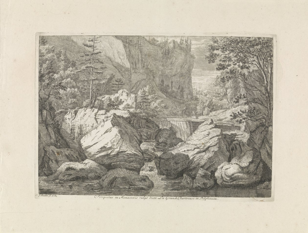Kilátás egy vízesésre Prospektus in Monasterio vulgo dicto La Grande Chartreuse in Delphinatu (cím a tárgyon) Tájak a Chartreuzer-hegységben (sorozat címe) alkotó: Johannes Glauber