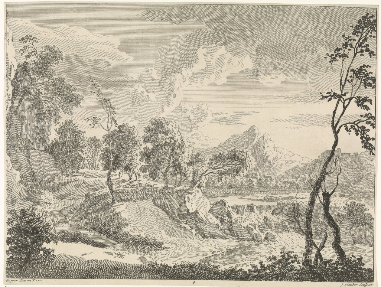 Dombos táj vízeséssel Tájak Gaspar Poussin után (sorozat címe) alkotó: Johannes Glauber