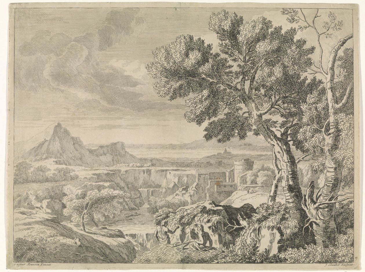 Táj szakadékkal és vízeséssel Tájak Gaspar Poussin után (sorozat címe) alkotó: Johannes Glauber