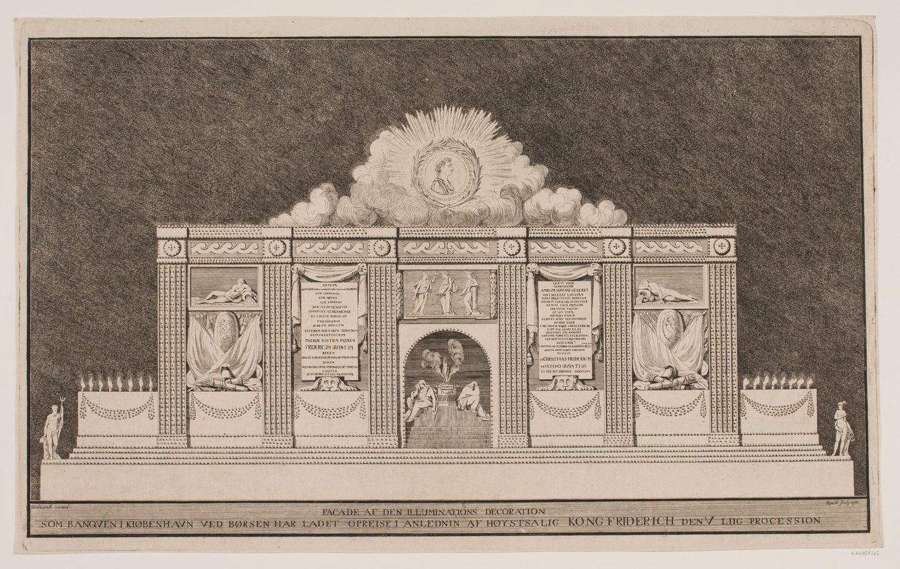 "Az Illuminációk homlokzati dísze, amelyet Banqven Kiøbenhavnban a tőzsdén állított fel Őfelsége Frigyes király, V. Liig körmenet alkalmából" alkotó: Johannes Gottfred Bradt