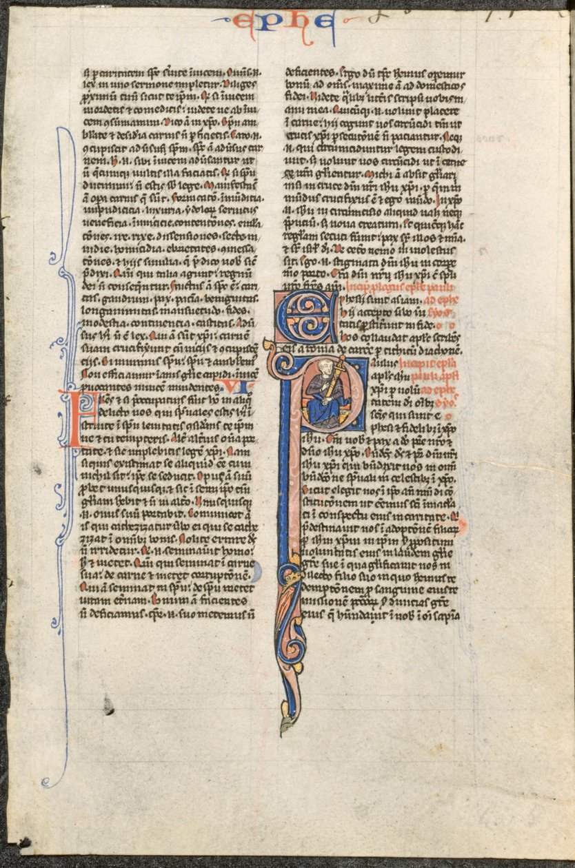Levél egy latin Bibliából: P kezdőbetűvel, kardot tartva Szent Pállal..., c. 1250. alkotó: Johannes Grusch Atelier