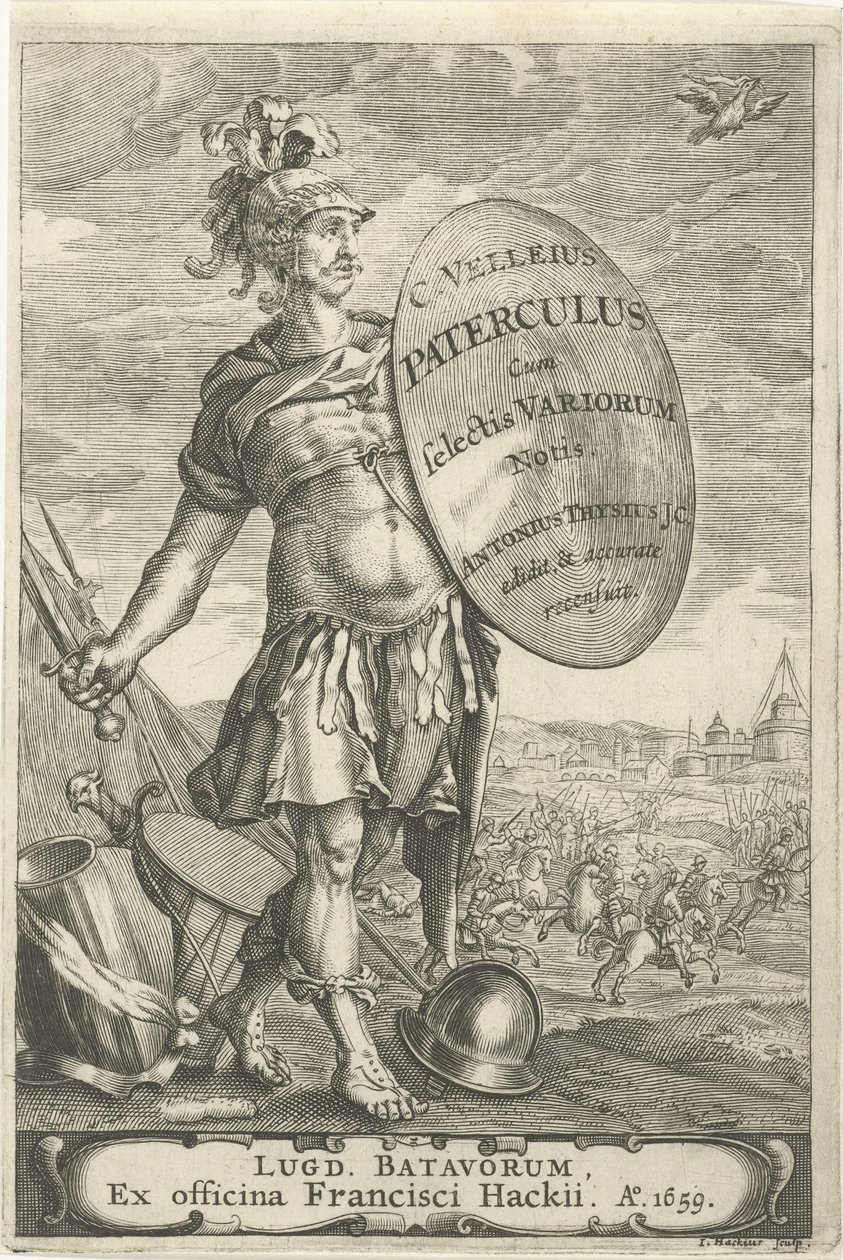 Romeinse krijgsman voor een slagveld Titelpagina voor Caius Velleius Paterculus cum Selectis Variorum Notis, 1659 alkotó: Johannes Hackius
