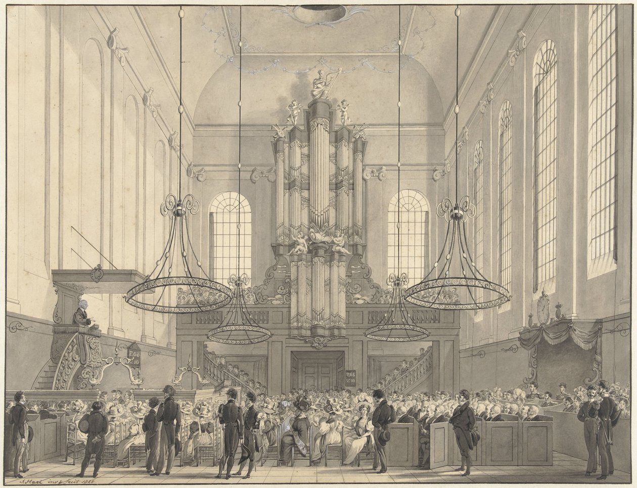 Prof. dr. van der Palm prédikál a hágai evangélikus templomban a királyi család számára, 1828 alkotó: Johannes Hari (I)