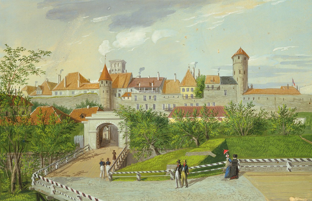 Kilátás a kis parti kapura Hattorpe és Stolting tornyokkal, Tallinn, gouache kartonon) alkotó: Johannes Hau