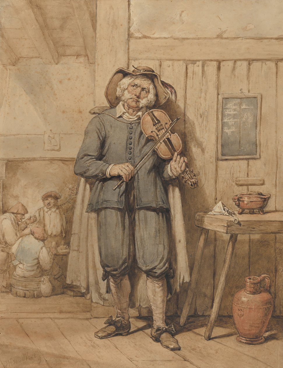 Hegedűs a kocsmában, három emberrel a háttérben, 19. század közepe. alkotó: Johannes Hendrik van West