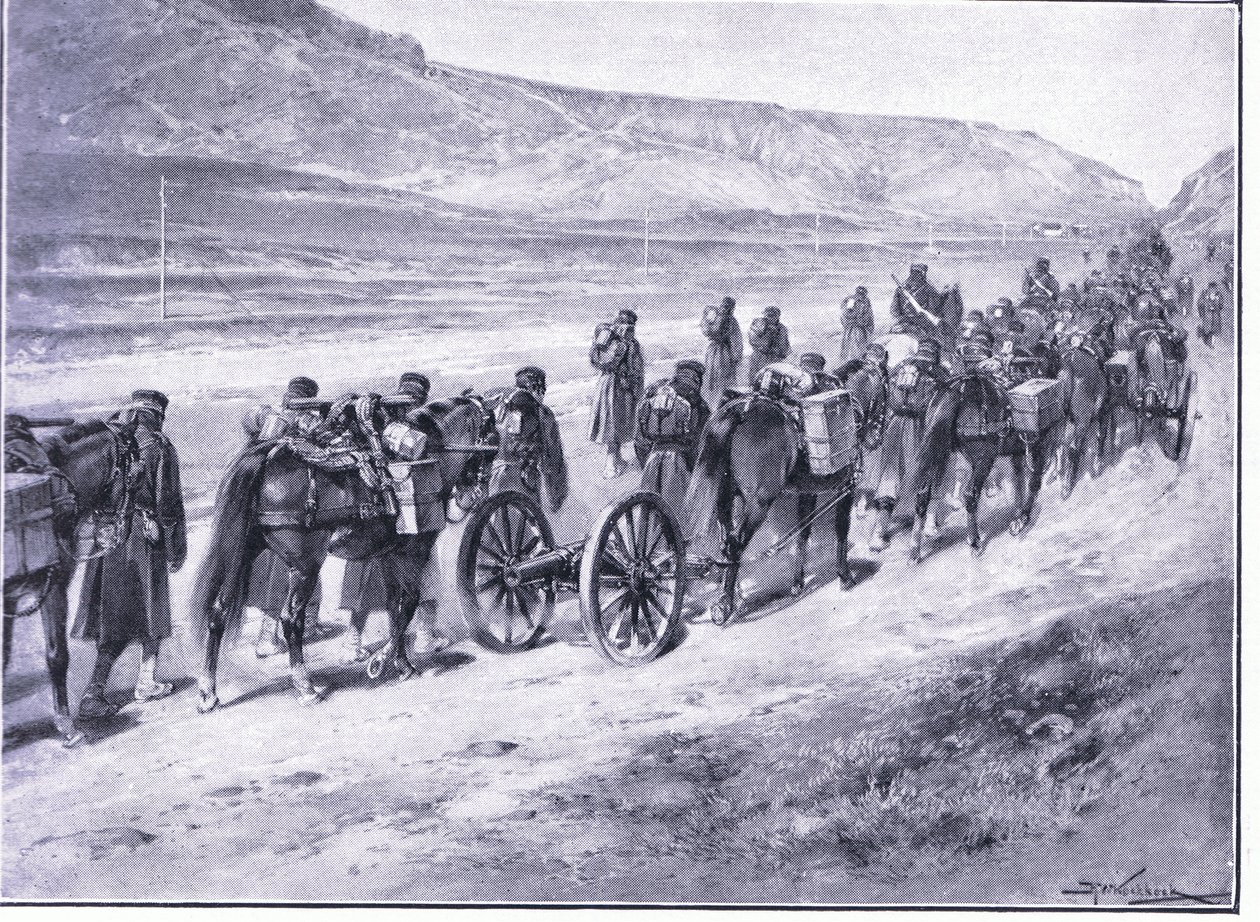 Egy üteg terepágyú úton Ichon felé, illusztráció a Cassells története az orosz-japán háború 1. kötetéből, 1900 körül alkotó: Johannes Hermann Barend Koekkoek