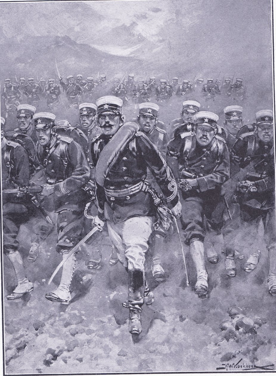 A japán gyalogság támadása, illusztráció a Cassells History of the Russian-Japanese War 1. kötetből, 1900 körül alkotó: Johannes Hermann Barend Koekkoek