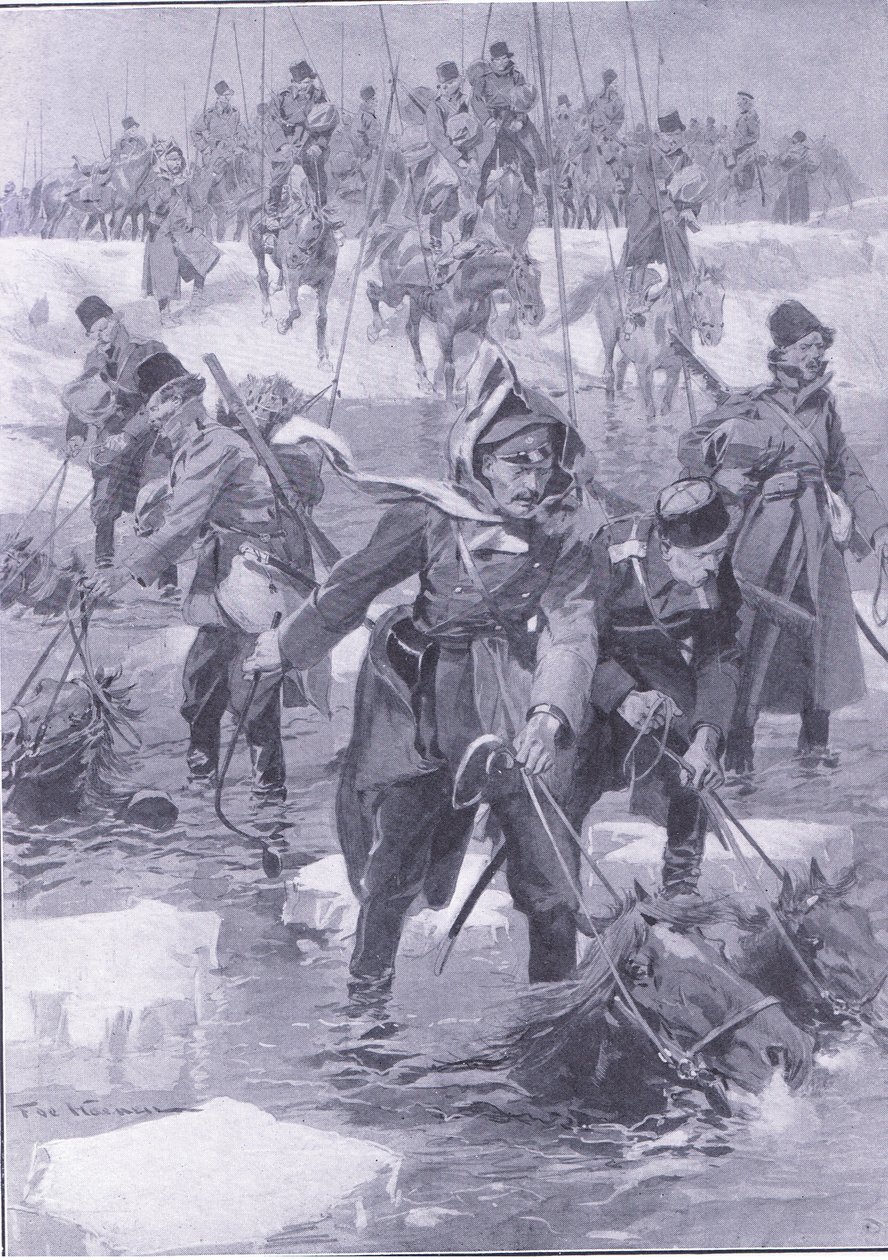 A lovasság bravúrja. Orosz lovasság átkelő egy folyón, illusztráció a Cassells Az orosz-japán háború története, 1. kötet, 1900 körül alkotó: Johannes Hermann Barend Koekkoek