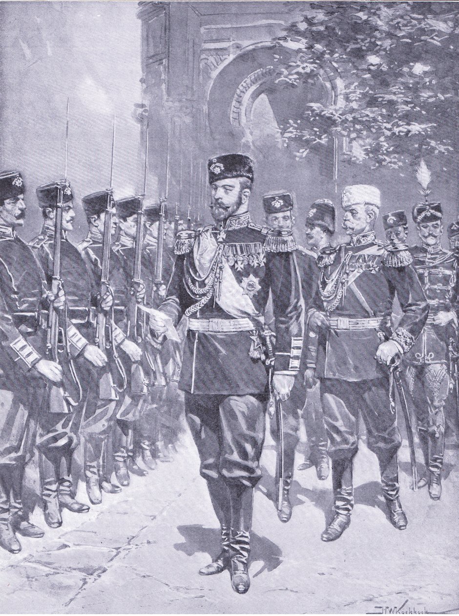 Ő Császári Felsége, a cár, illusztráció a Cassells History of the Orosz-Japán háború 1. kötetéből, 1900 körül alkotó: Johannes Hermann Barend Koekkoek