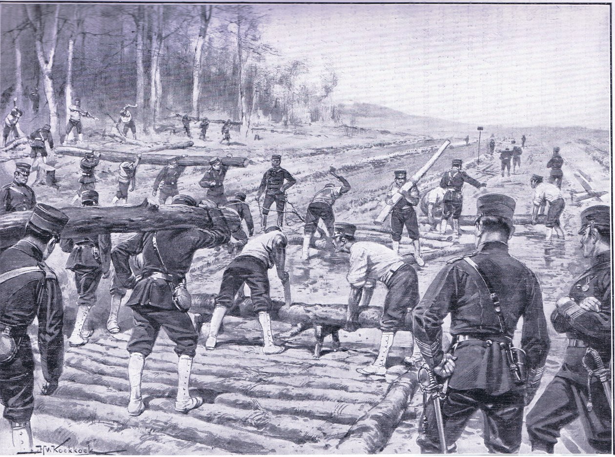 Japán mérnökök fautat építenek a csapatok számára, illusztráció: Cassells Az orosz-japán háború története, 1. kötet, 1900 körül alkotó: Johannes Hermann Barend Koekkoek