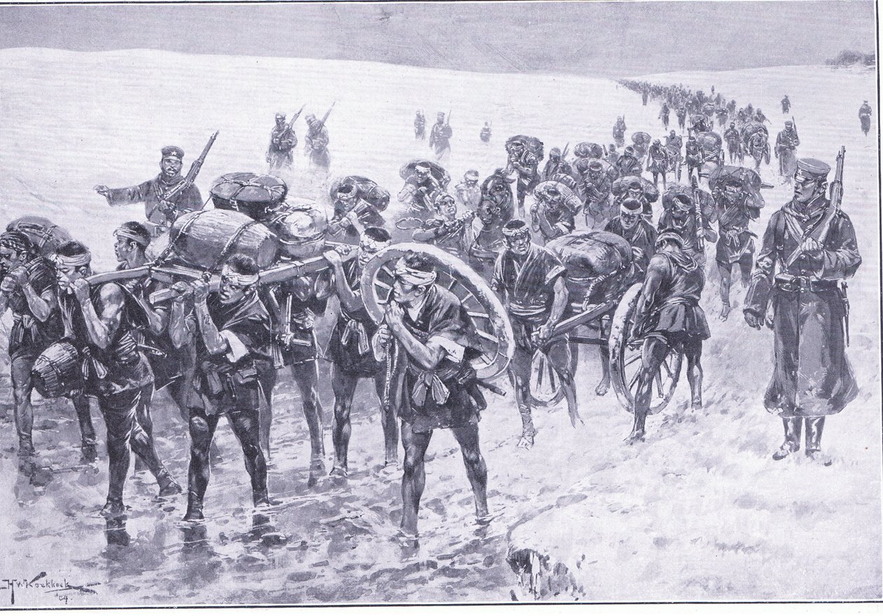 Japán menet közben. Férfiak a falka pónik helyén, illusztráció a Cassells History of the Russian-Japanese War 1. kötetből, 1900 körül alkotó: Johannes Hermann Barend Koekkoek