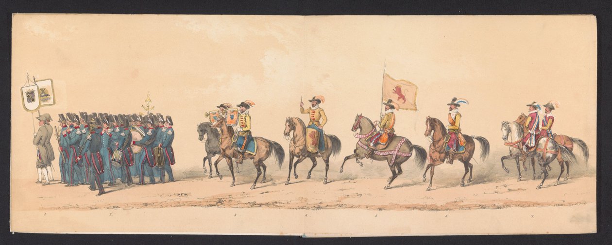 A Groningeni Egyetem hallgatóinak történelmi körmenete, 1850 (1. tábla) Maurits, Orange hercege, Nassau grófja stb. és Willem Lodewijk, Nassau grófjának bejáratának jelmezes ábrázolása Groningenben 1594-ben, H.H. alkotó: Johannes Hermanus van de Weijer