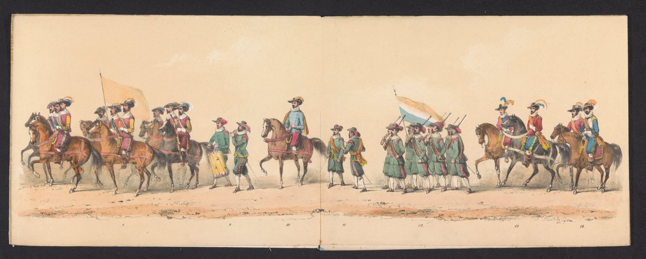A Groningeni Alkalmazott Tudományok Egyetem hallgatóinak történelmi körmenete, 1850 (2. tábla) Maurits, Orange hercege, Nassau grófja stb. és Willem Lodewijk, Nassau grófja bejáratának jelmezes ábrázolása Groningenben 1594-ben, H.H. alkotó: Johannes Hermanus van de Weijer