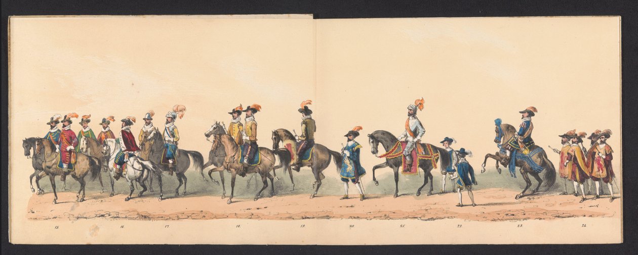 A Groningeni Alkalmazott Tudományok Egyetem hallgatóinak történelmi körmenete, 1850 (3. tábla) Maurits, Orange hercege, Nassau grófja stb. és Willem Lodewijk, Nassau grófja bejáratának jelmezes ábrázolása Groningenben 1594-ben, H.H. alkotó: Johannes Hermanus van de Weijer