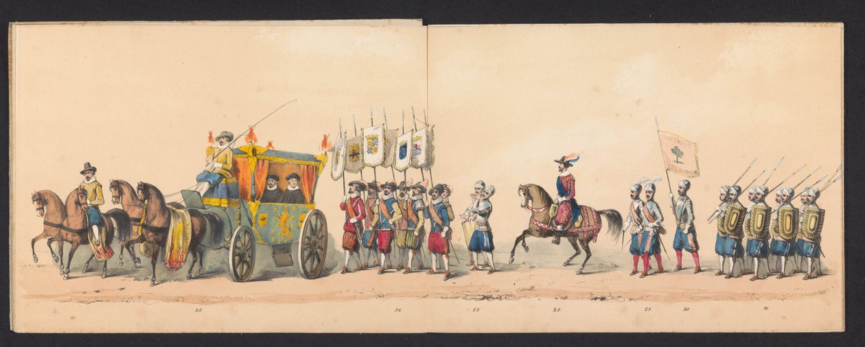 A Groningeni Alkalmazott Tudományok Egyetem hallgatóinak történelmi körmenete, 1850 (4. tábla) Maurits, Orange hercege, Nassau grófja stb. és Willem Lodewijk, Nassau grófja bejáratának jelmezes ábrázolása Groningenben 1594-ben, H.H. alkotó: Johannes Hermanus van de Weijer