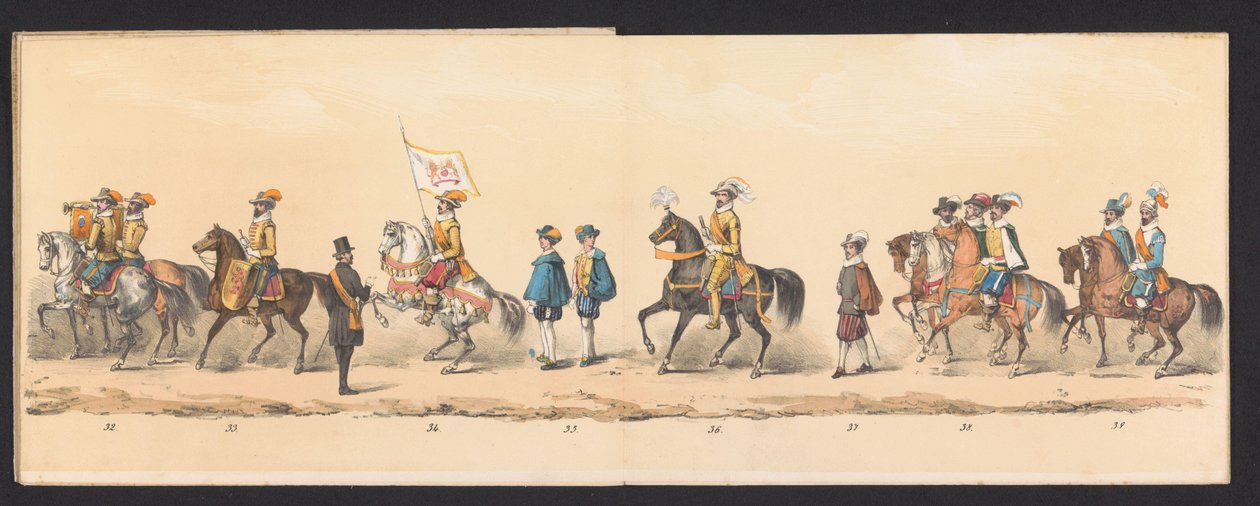 A Groningeni Alkalmazott Tudományok Egyetem hallgatóinak történelmi körmenete, 1850 (5. tábla) Maurits, Orange hercege, Nassau grófja stb. és Willem Lodewijk, Nassau grófja bejáratának jelmezes ábrázolása Groningenben 1594-ben, H.H. alkotó: Johannes Hermanus van de Weijer