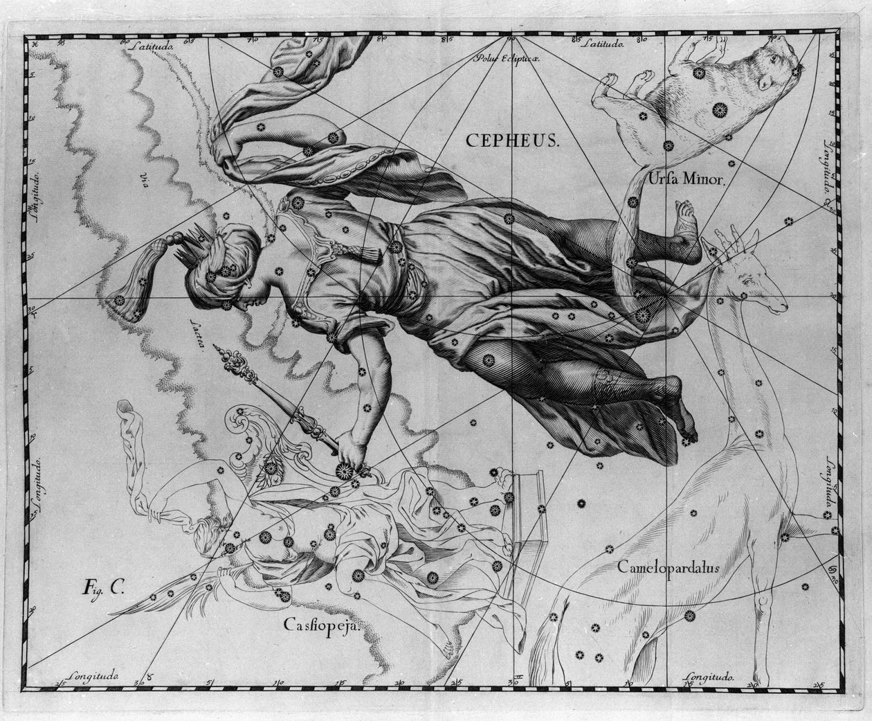 Cepheus (vagy Cephee), Etiópia királyának csillagképe. Johannes Hevelius vagy Hevel (1611-1687) „Firmamentum Sobiescanum sive Uranographia” című táblája alkotó: Johannes Hevelius