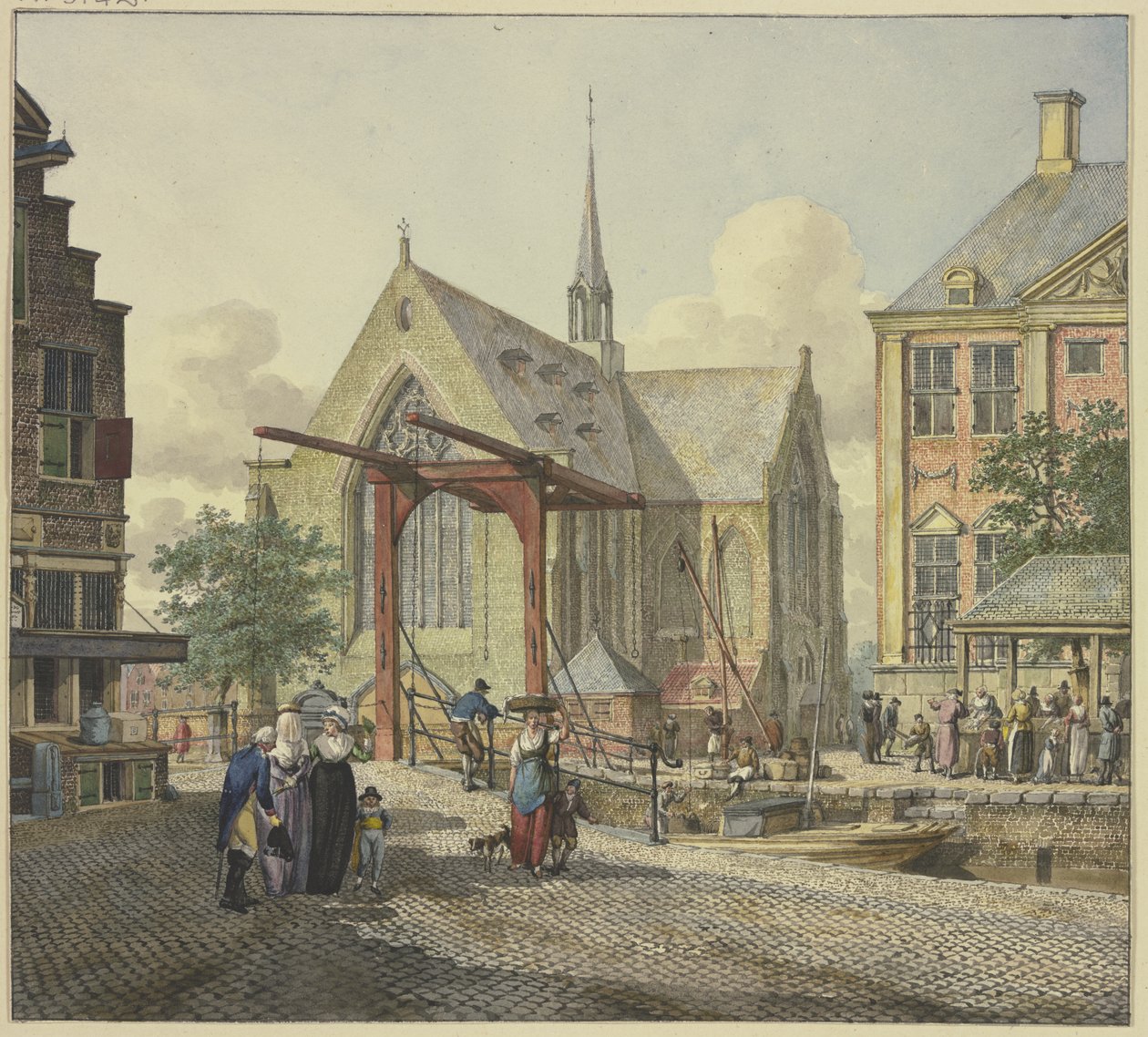 Zsilipkapu egy templomnál, balra egy fátylas hölgy, egy tiszt és egy hölgy egy fiúval alkotó: Johannes Huibert Prins