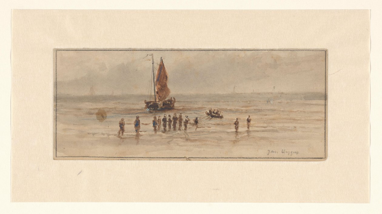 Tengerparti jelenet halászokkal és vitorlás hajóval alkotó: Johannes Huygens (signed by artist)