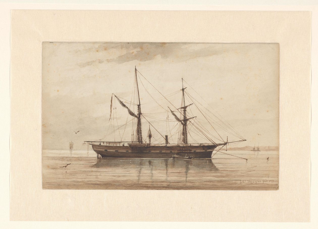 Nyugodt vizeken horgonyzó vitorlás alkotó: Johannes Huygens (signed by artist)