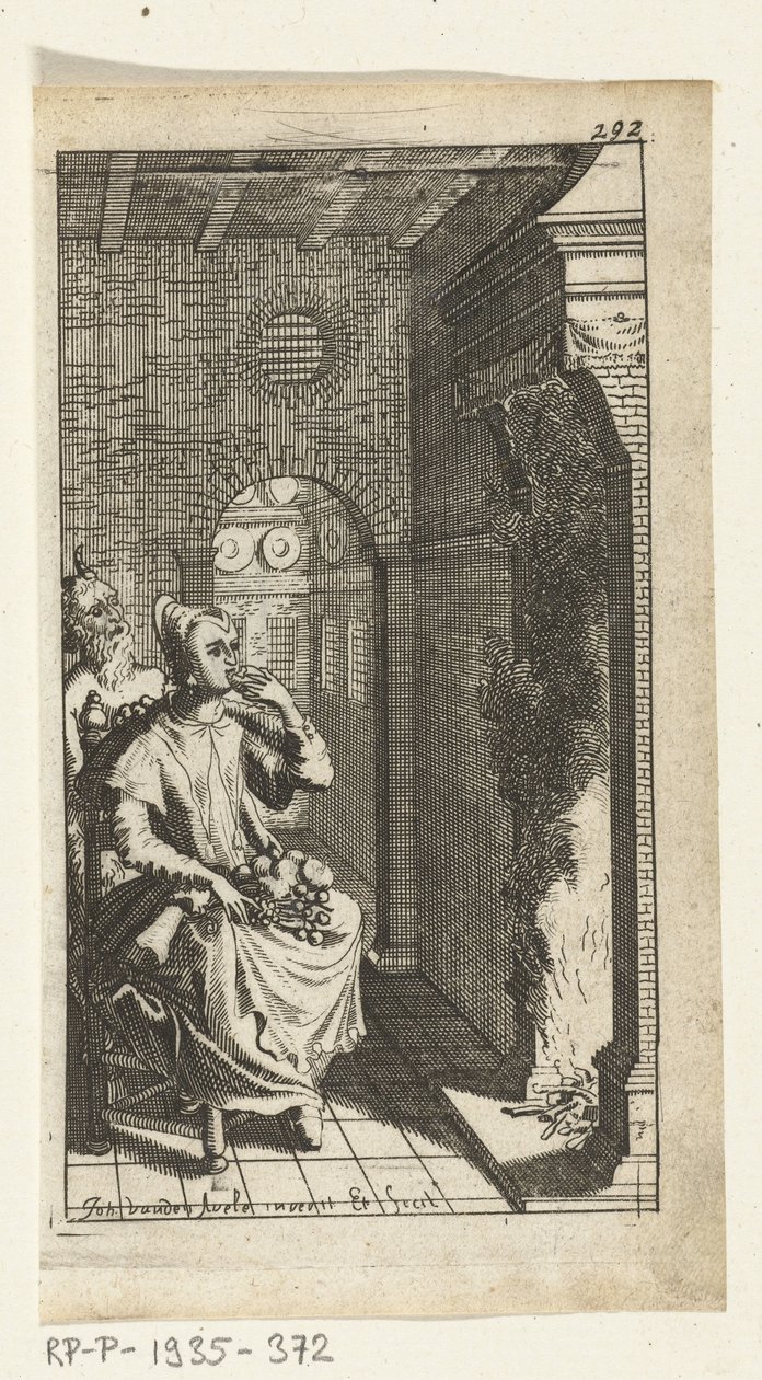A szép ördög Könyvillusztráció Simon de Vries-hez, a Hedendaeghsche Dienstmaegden uralkodó és szolgáló hét Duyvelenhez, Amszterdam, 1682 alkotó: Johannes Jacobsz van den Aveele